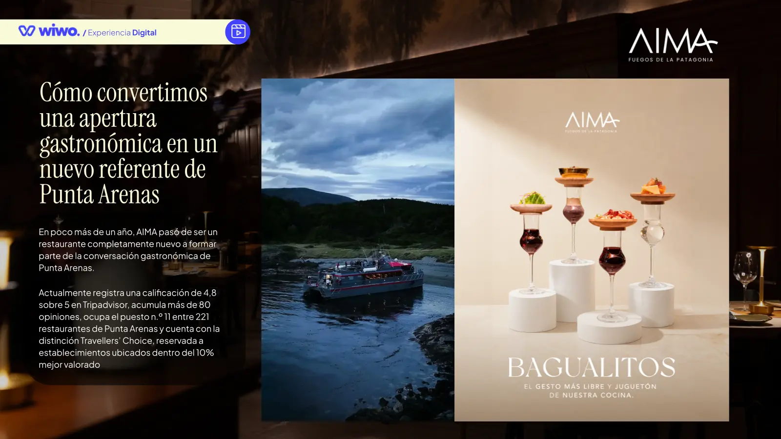 Presentación del lanzamiento de AIMA con paisaje de Punta Arenas y piezas gastronómicas