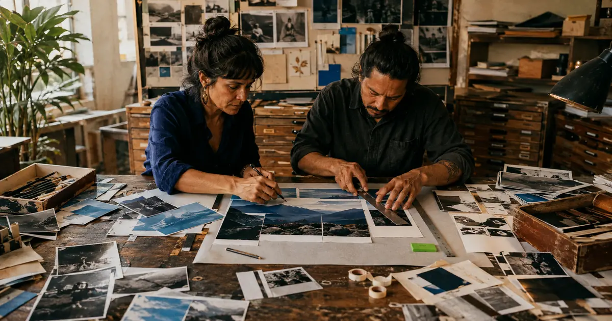 Directora creativa edita y combina impresiones fotográficas en un estudio analógico con acentos cobalto