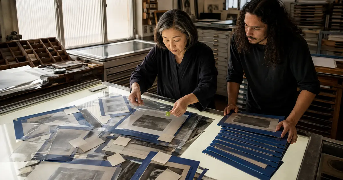 Directora creativa y diseñador consolidan capas de revisión en una mesa de luz editorial