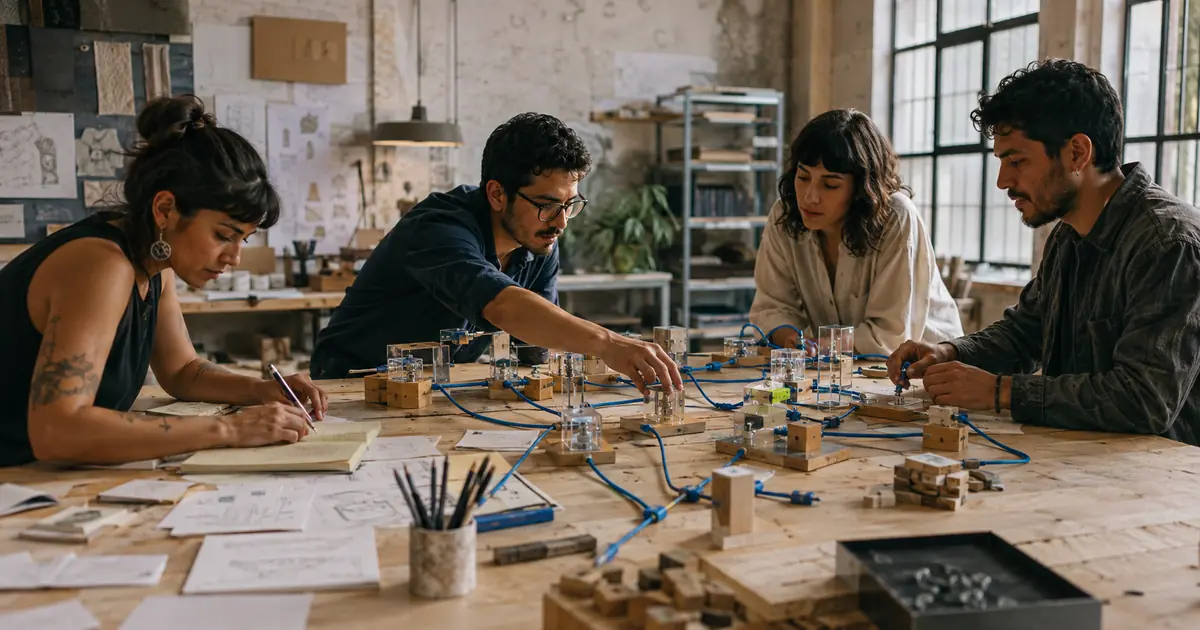 Ingenieros y comunicadores construyen juntos un sistema físico a partir de notas, módulos y conexiones