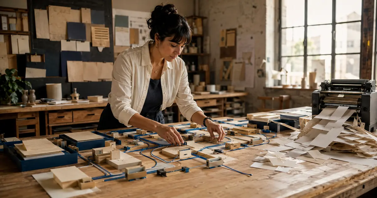Diseñadora ordena una red de rutas físicas mientras una máquina produce papeles desordenados