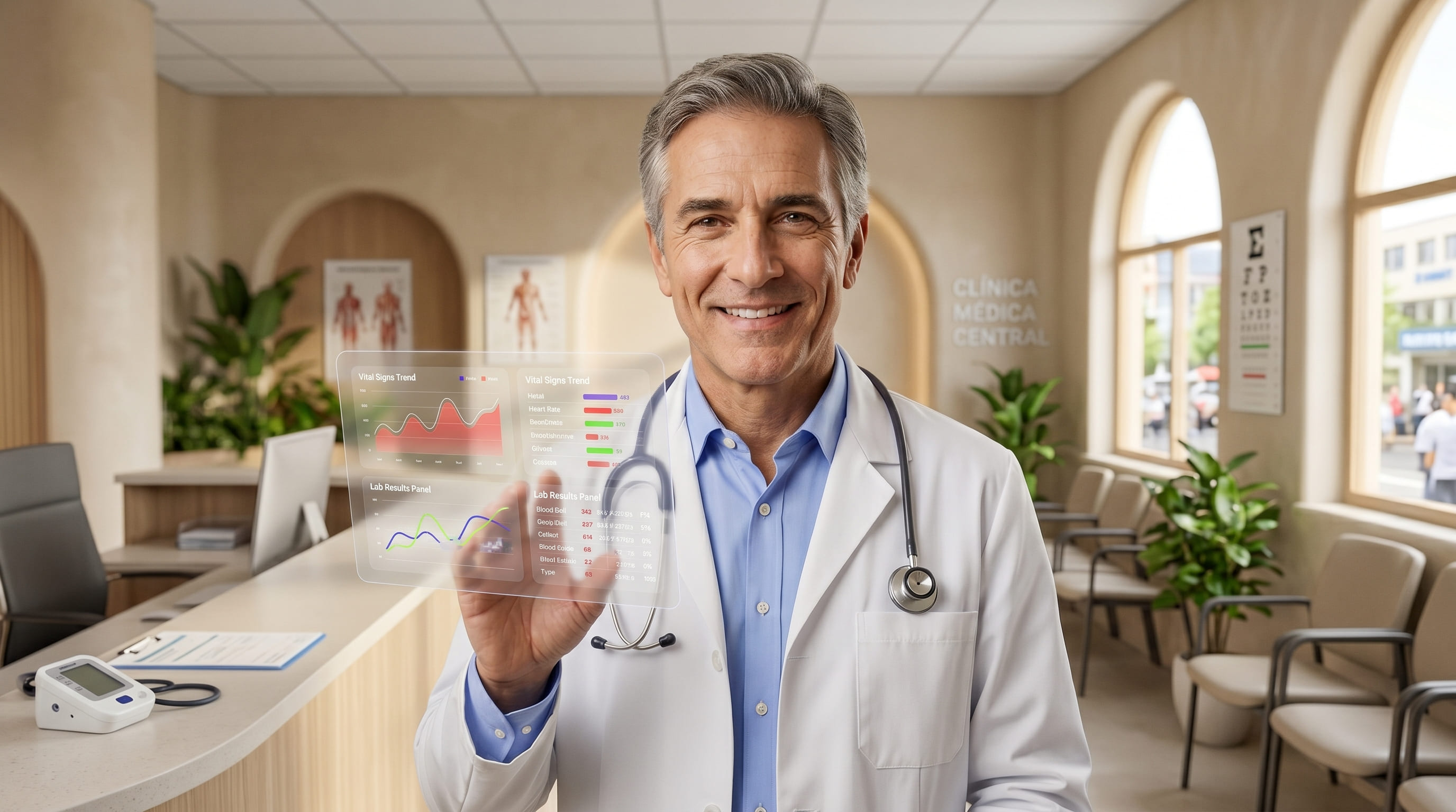 Doctor con dashboard de vital signs — Wiwo Health para clínicas medianas y cirugía