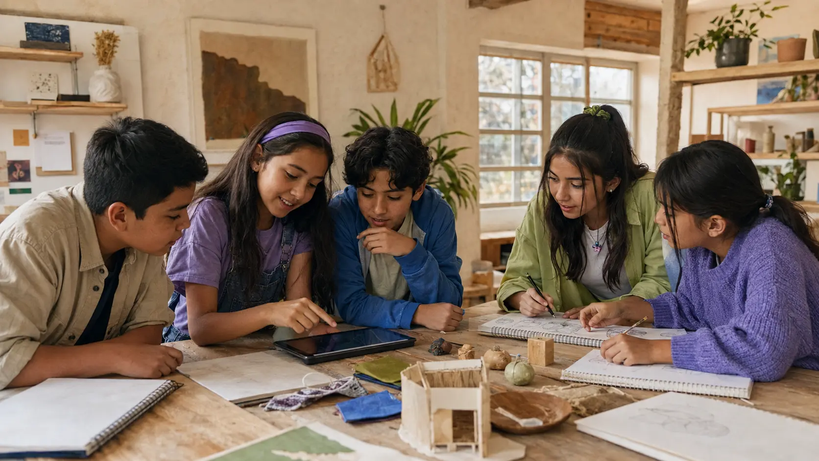 Jóvenes latinoamericanos creando una experiencia física y digital en equipo