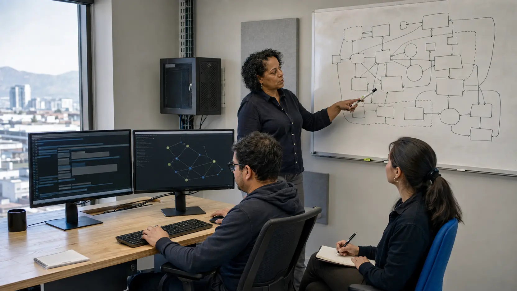 Equipo técnico revisando una arquitectura de datos y servicios en un entorno de trabajo real