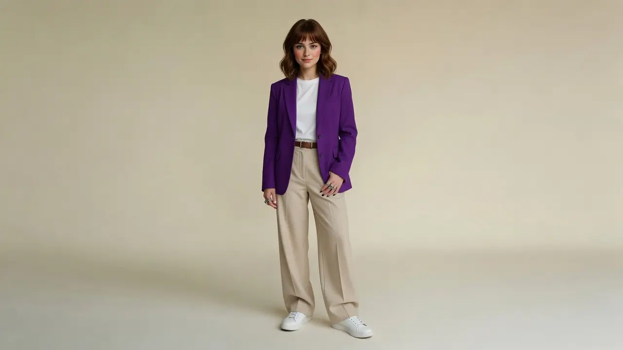 Retrato editorial de una profesional creativa con chaqueta violeta