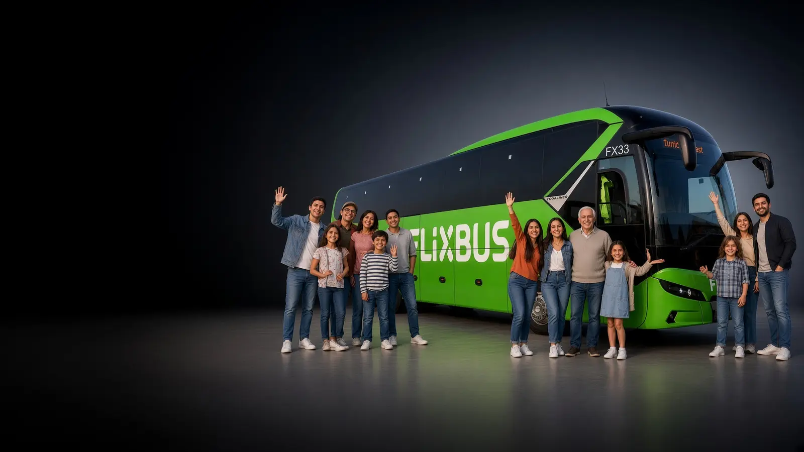 Bus FlixBus verde junto a un grupo intergeneracional de pasajeros en una composición editorial