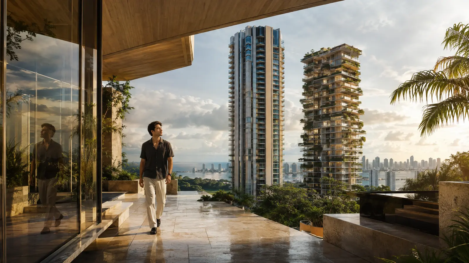 Persona recorriendo una terraza tropical frente a dos torres residenciales contemporáneas