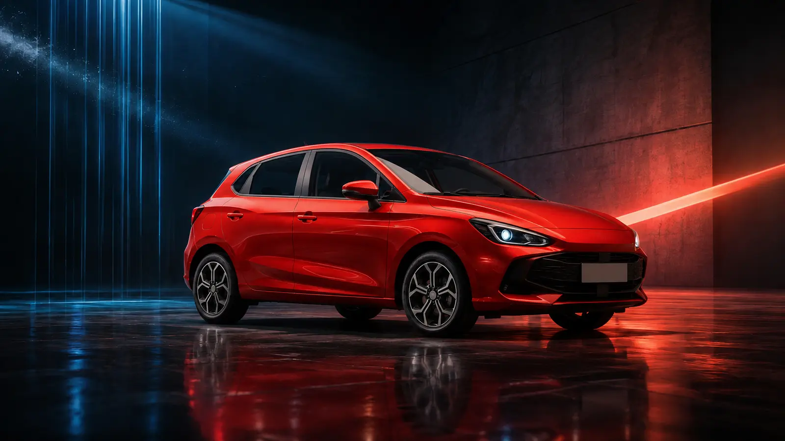 Composición editorial de un hatchback rojo en un estudio de producción con luces generativas