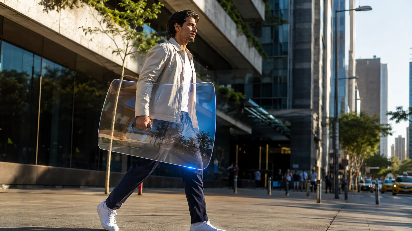 Composición editorial de una persona avanzando por la ciudad con un escudo transparente y portátil