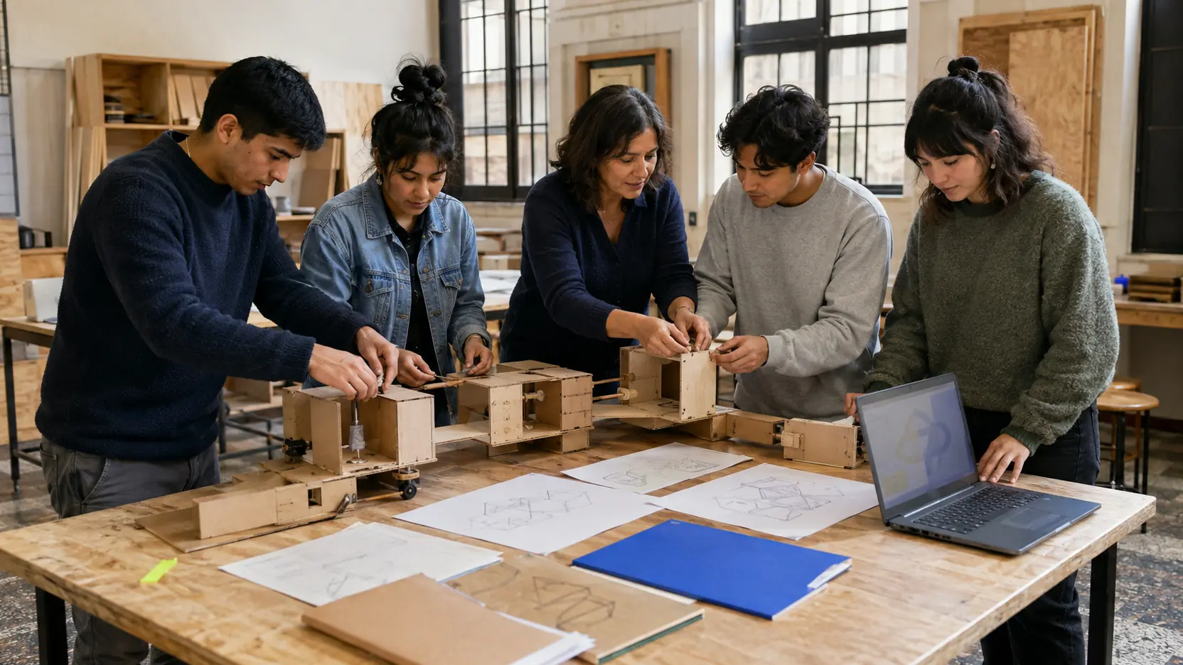 Profesora y estudiantes construyendo juntos un prototipo físico en una mesa de trabajo