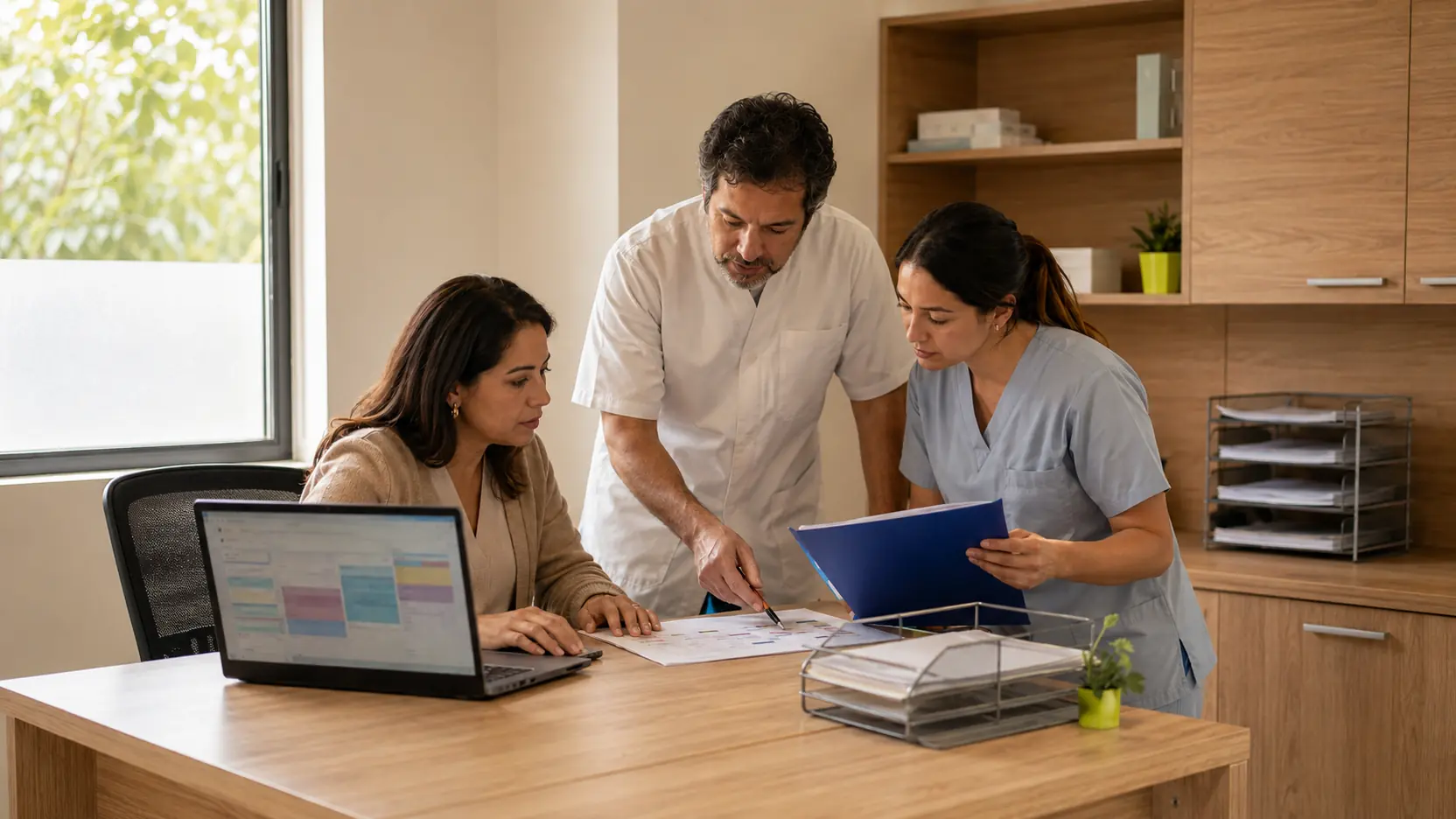 Administradora, médica y enfermera resolviendo agenda y flujo de pacientes en una clínica