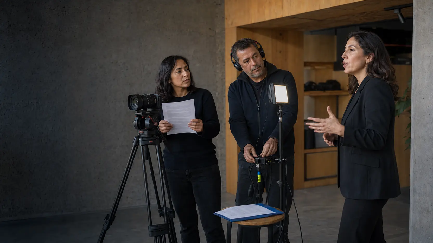 Equipo de comunicaciones preparando una entrevista con cámara, guion y producción de luz y sonido