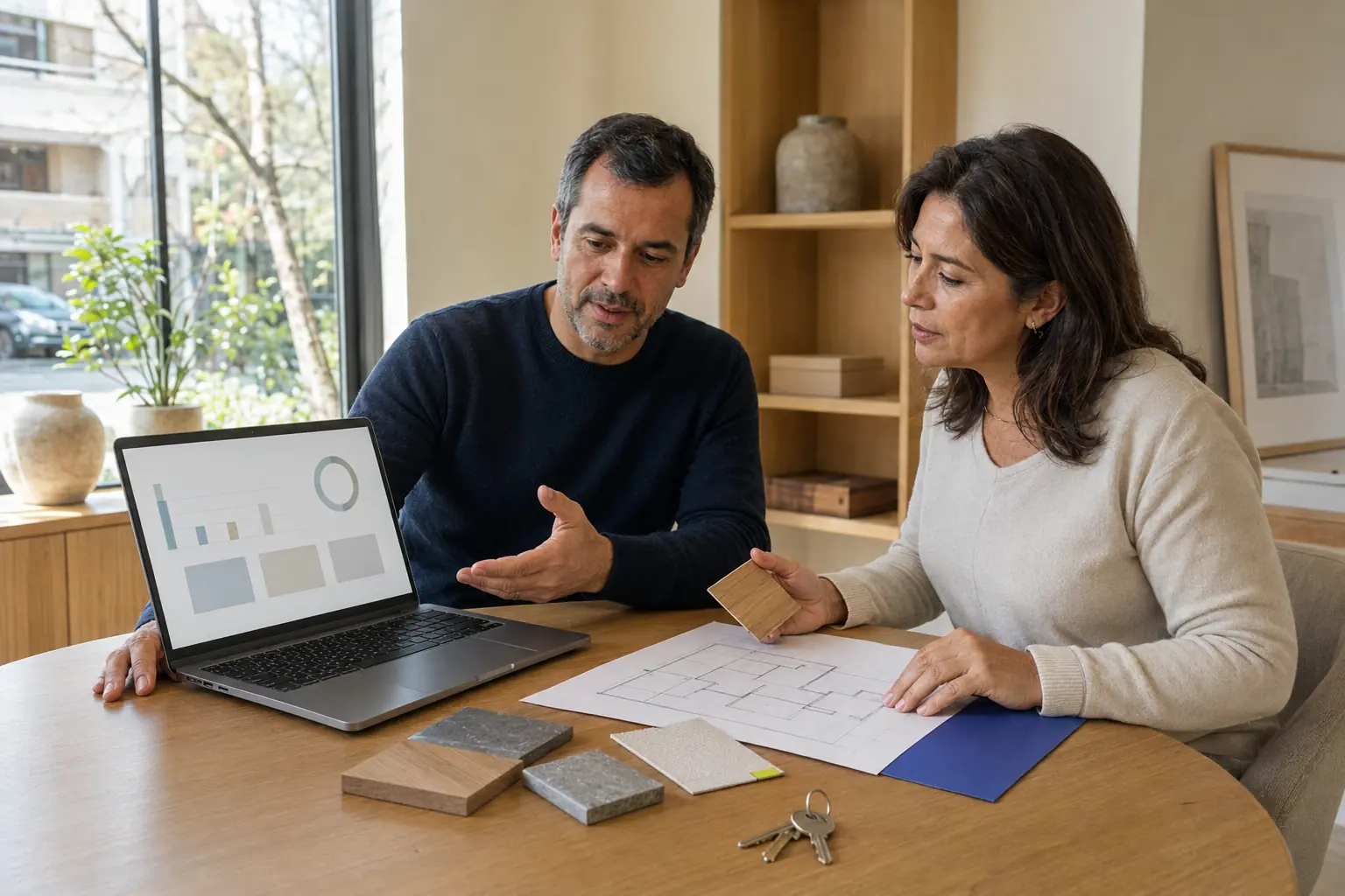 Asesor y compradora revisando un dashboard abstracto, planos y muestras de materiales