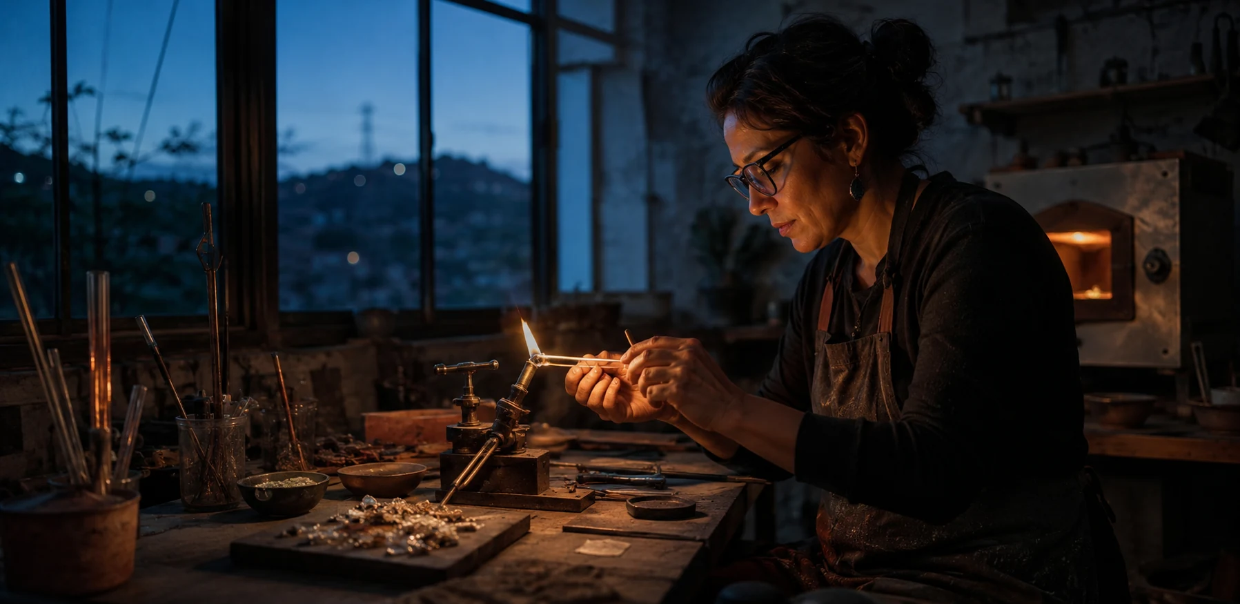 Artesana latinoamericana cuidando una llama en un taller contemporáneo al amanecer