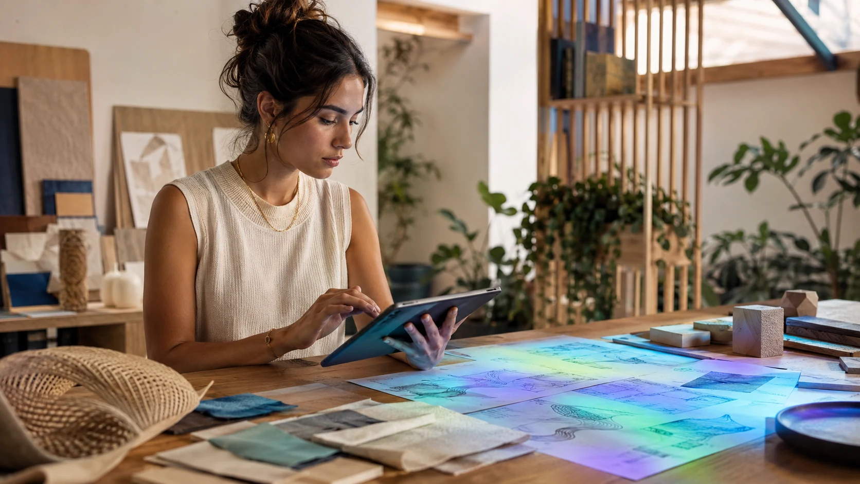 Creativa latinoamericana amplificando su trabajo con una capa de inteligencia artificial luminosa