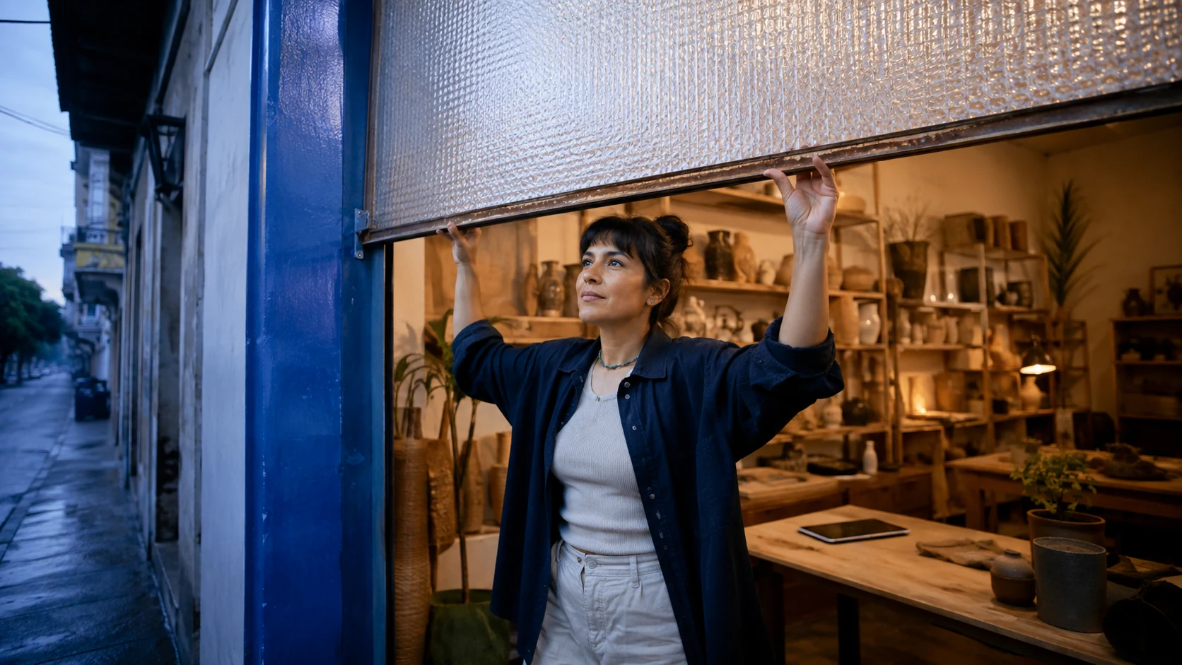 Emprendedora latinoamericana abriendo su espacio de trabajo con tecnología a su servicio